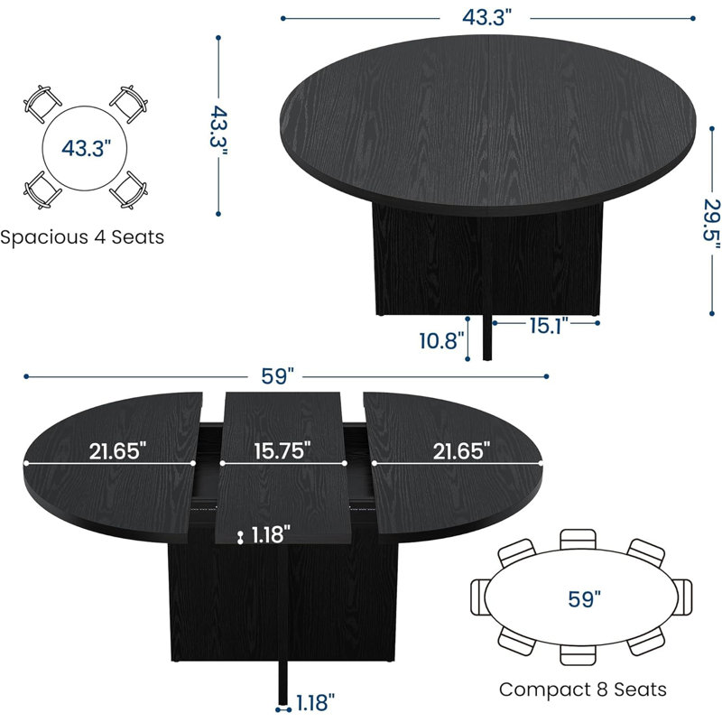 43.3''-59'' Extendable Round Dining Table for 4-8, Modern Kitchen Oval Dining Table with Removable Leaves, Dinner Table