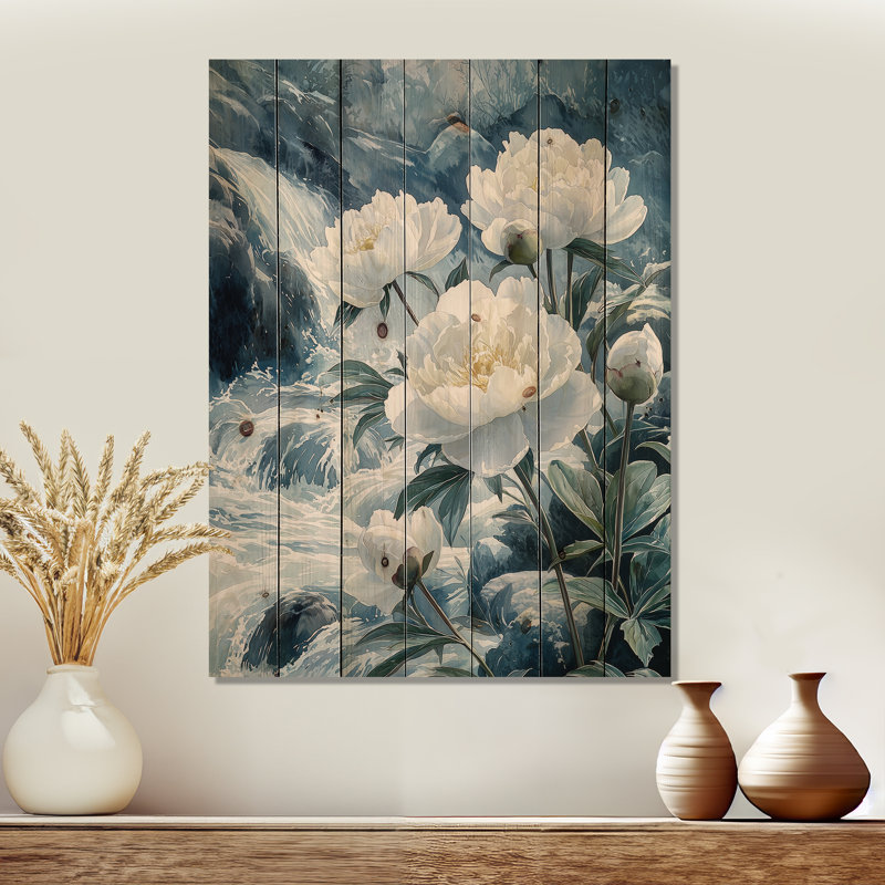 Peonies By The Mountain River I - Peonies Wood Print - On Natural Pine Wood, 44" H x 34" W x 0.78" D