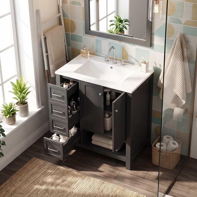 Meuble-lavabo 30 po avec deux portes et deux tiroirs avec cadre en bois massif, Noir