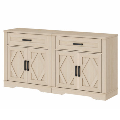 Glenford 63"W Large Modern Farmhouse Office Storage Cabinet With Barn Doors & Drawers, Scratch-Resistant Tree Bark Finish