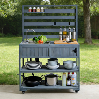 Chariot de cuisine en bois massif avec évier et plateau de table en acier inoxydable 41,7 po