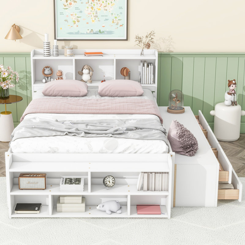 Lit double blanc avec tête de lit bibliothèque intégrée, tête de lit et rangement sous le lit et sous les tiroirs, Blanc
