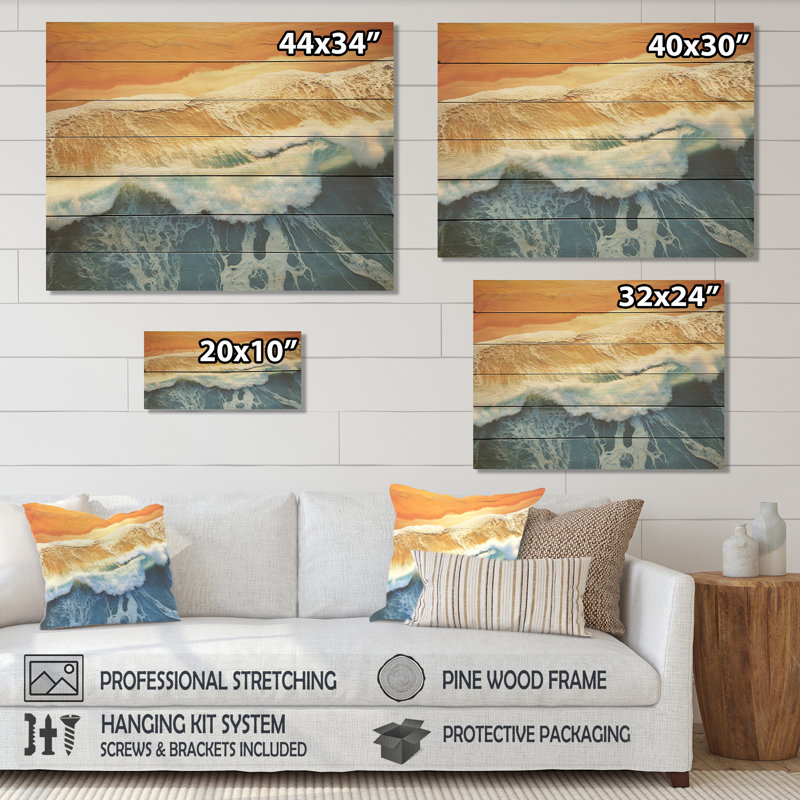 Vue aérienne de la plage bleue et orange II - plage sur bois, H 30 po x l 40 po