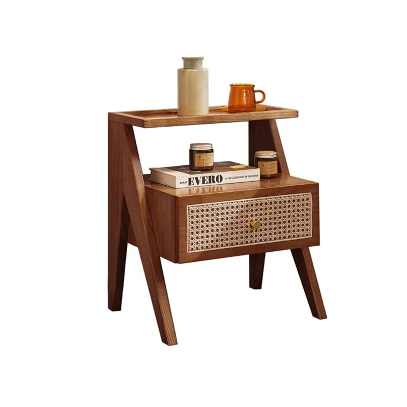 Mina Solid Wood & Rattan Bedside Cabinet, Walnut