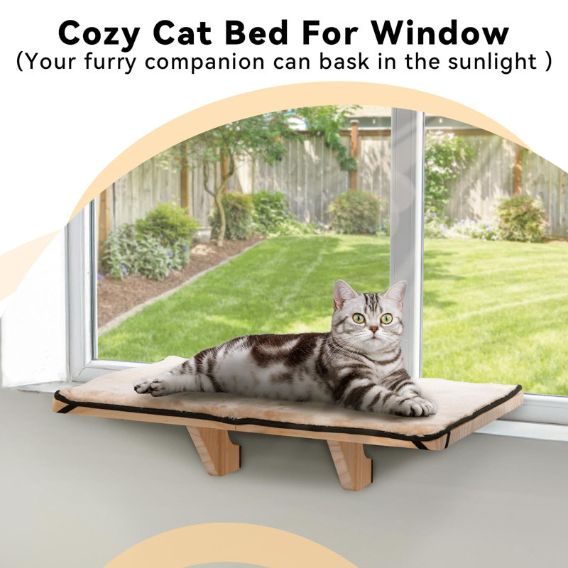 Large Natural Wood Cat Window Perch with Fleece Mat