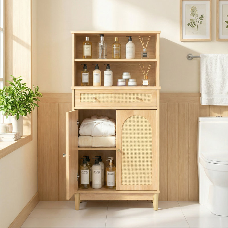 Oak Bathroom Storage Cabinet 1 Drawer 2 Door 4 Tier With Rattan Surface