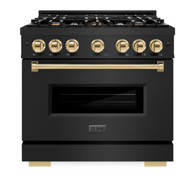 ZLINE Autograph 36" Classic Black Stainless Gas Range w/ 6 Burners & Gold Accents