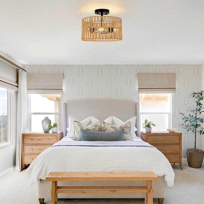 Plafonnier semi-encastré avec design en rotin tissé, éclairage doux à 360 ° pour décor de maison de campagne, de bord de mer et de style rustique