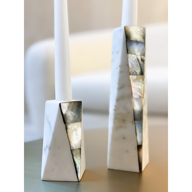 Mother Of Pearl Marble Candlestick, 4" H x 2" W x 2" D