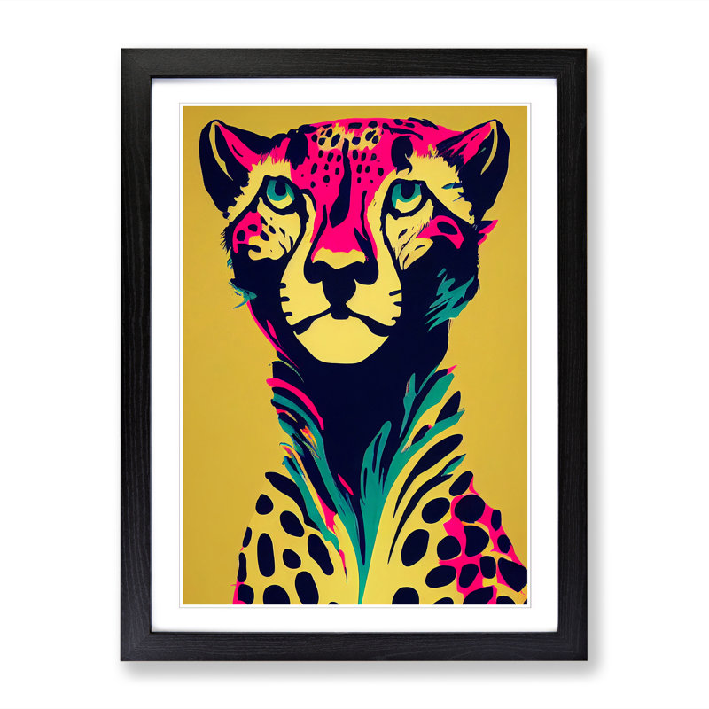 Cheetah Neon - Picture Frame Print, 34cm H x 25cm W, Walnut Framed