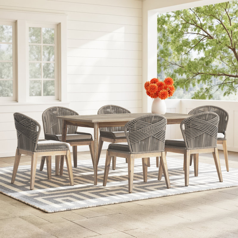 Daveney 6 - Person Acacia Wood Patio Dining Set with Rectangular Table , Cushions Included, Beige