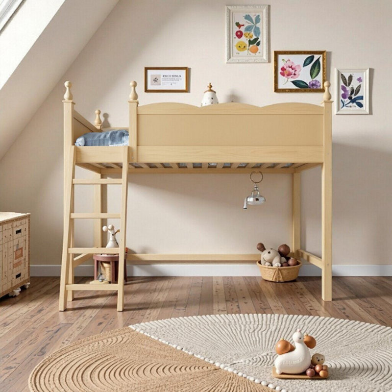 Lit mezzanine simple en bois massif AVELOR avec garde-corps, échelle et rangement sous le lit, Natural, Twin