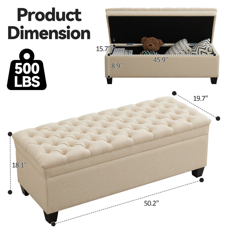 Banc de rangement à couvercle rabattable en lin 51 po, Kaki