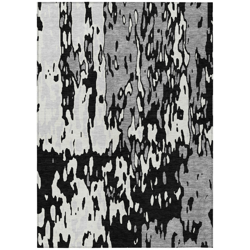 Tapis extérieur lavable abstrait noir et ivoire 5 pi x 8 pi