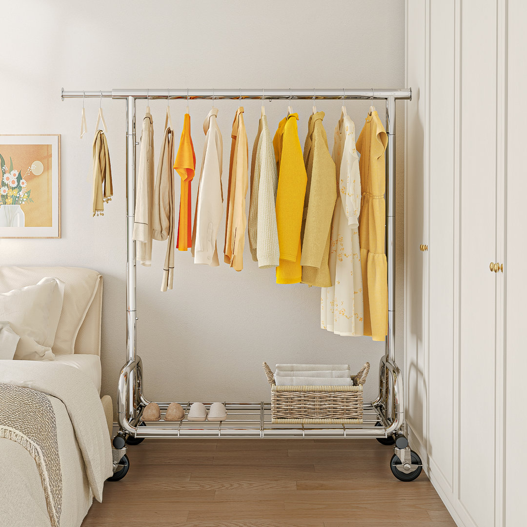 Heavy Duty Clothes Rail 136kg (300lbs) Capacity, Extendable Hanging Rack with Lockable Wheels & Shelves, Silver