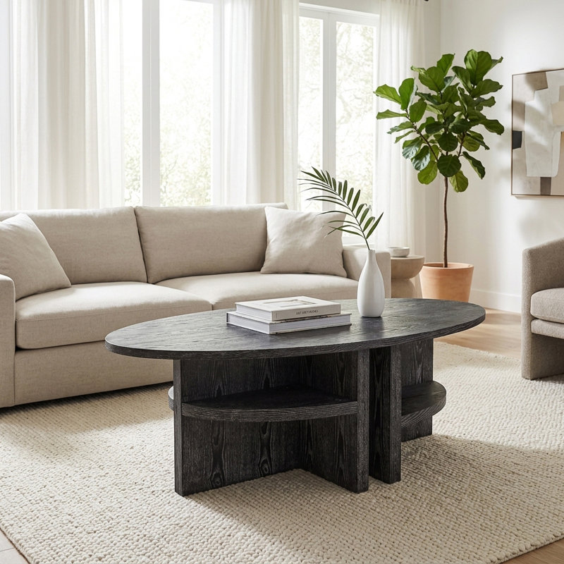 Table basse grise moderne neutre et ovale avec tablettes contemporaines - 53 po x 28 po x 18 po