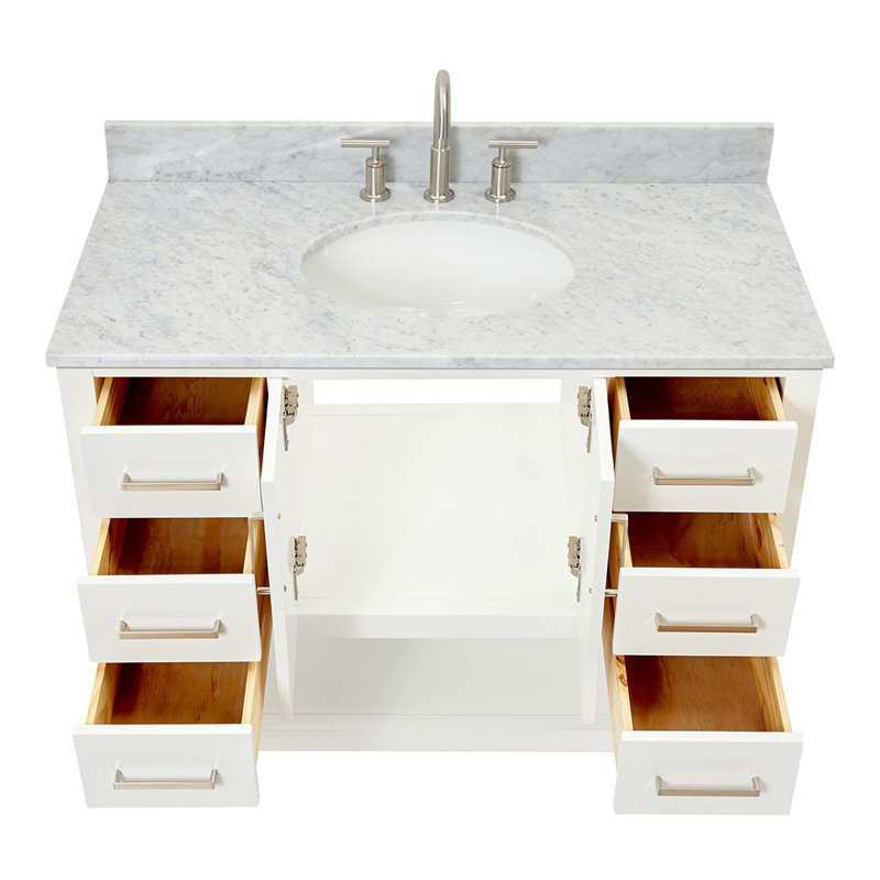 Meuble-lavabo simple 43 po Alemanno en blanc avec plateau en marbre de Carrare italien de 0,75 po, Blanc, Oval, 43"