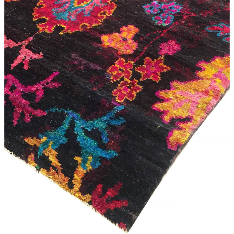 Canvello Modern Ikat Design Hand-Knotted Sari Silk Area Rug- 6'7" X 7'11"