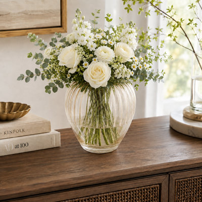 D7.9x8.7"H Rounded Glass Accent Vase with Ribbed Amber Finish, Decorative Flower Vase for Table Centerpiece, Living Room Entryway Home Decor