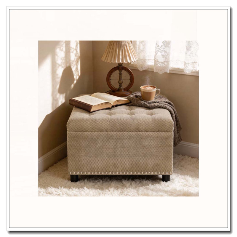 Pouf de rangement carré avec dessus capitonné et garniture cloutée, Camel