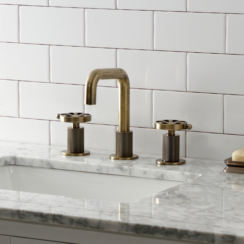 Kingston Brass Belknap Two-Handle 3-Hole Deck Mount Widespread Bathroom Faucet with Push Pop-Up Drain, Antique Brass