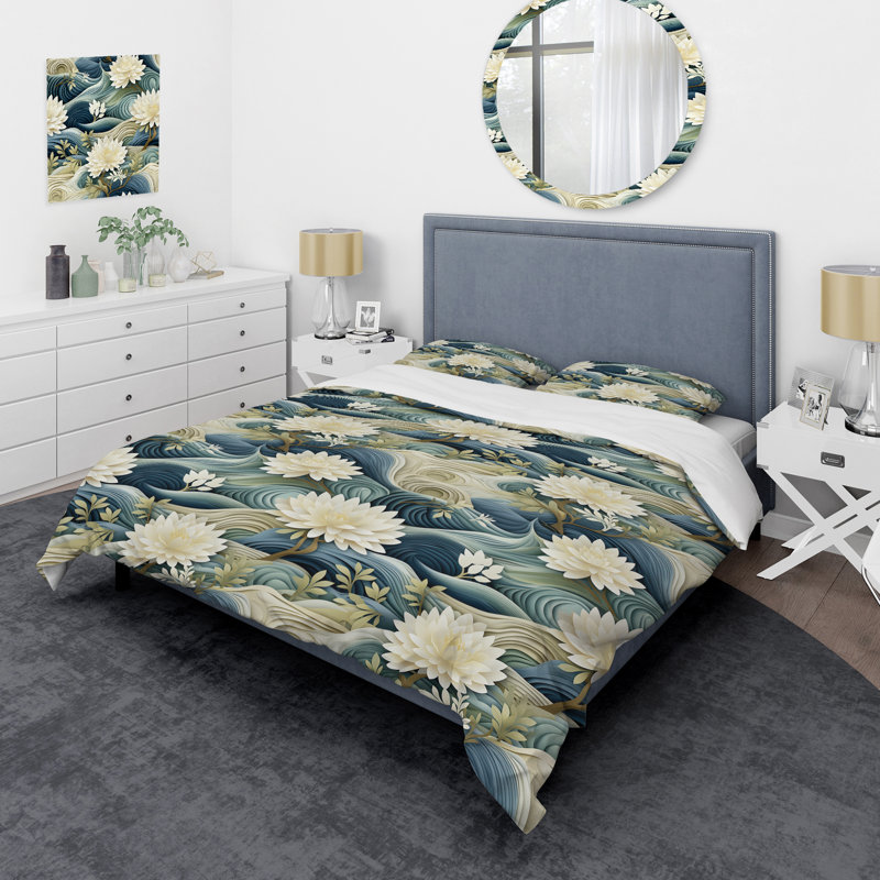 Ensemble de housse de couette à motif floral blanc et bleu, Housse de couette simple + 1 taie décorative stan