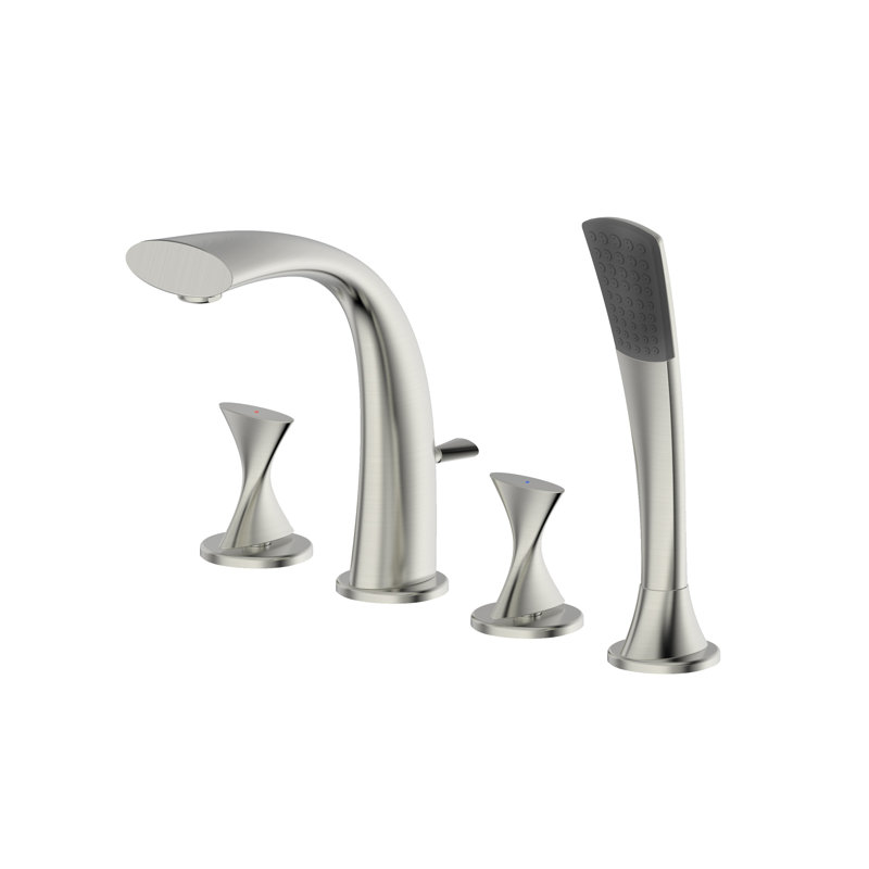 Robinet de baignoire romaine à deux poignées à fixation sur le comptoir avec douche à main et valve brute Twist Collection - nickel brossé