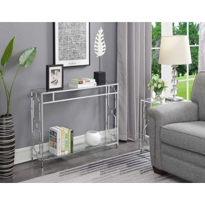Modern Chrome Console Table With Tempered Glass Top And Storage Shelf - Sleek Narrow Entryway Table For Living Room, Bedroom, Or Bathroom