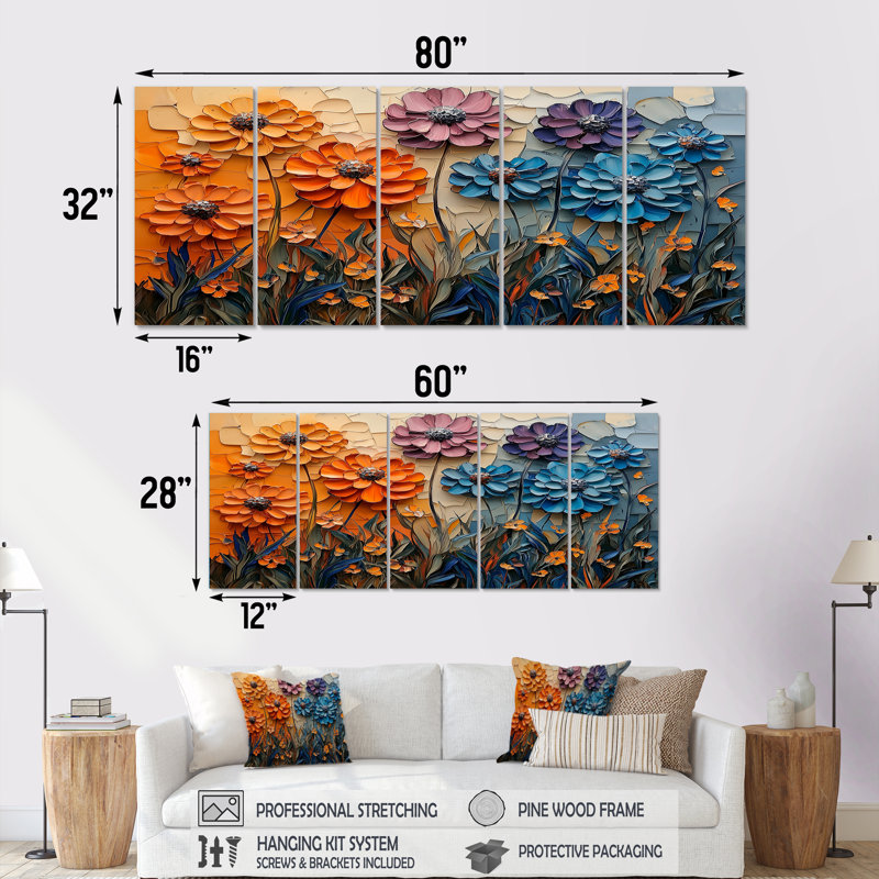 Fantaisie champ de fleurs de chardon - Art mural - chardon - ensemble d'art mural traditionnel 5 pièces, H 32 po x l 80 po
