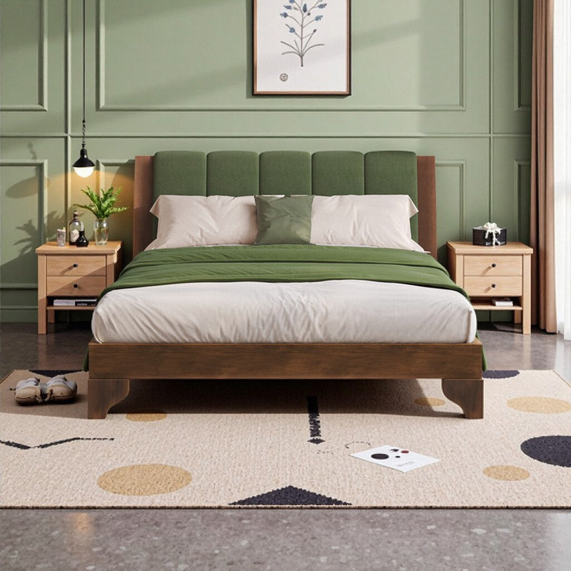 Structure de lit grand style Mid-Century avec tête de lit tapissier - Finition noyer et vert | Assemblage facile | Support robuste