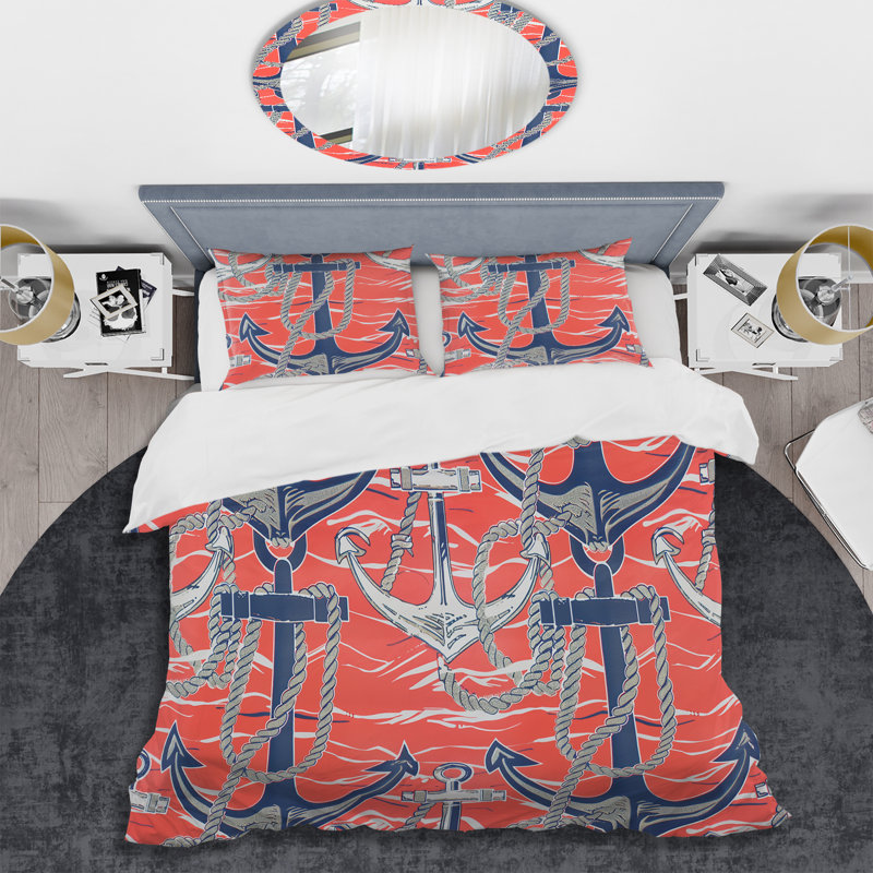 Ensemble de housse de couette nautique Peach Blue Nautical Anchor IV, Housse de couette simple + 2 taies décoratives st