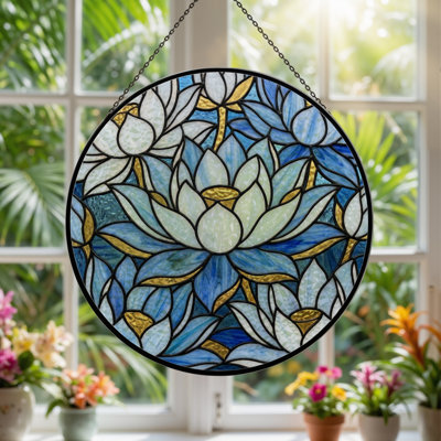 7.8"H Blue Lotus Stained Glass Window Panel