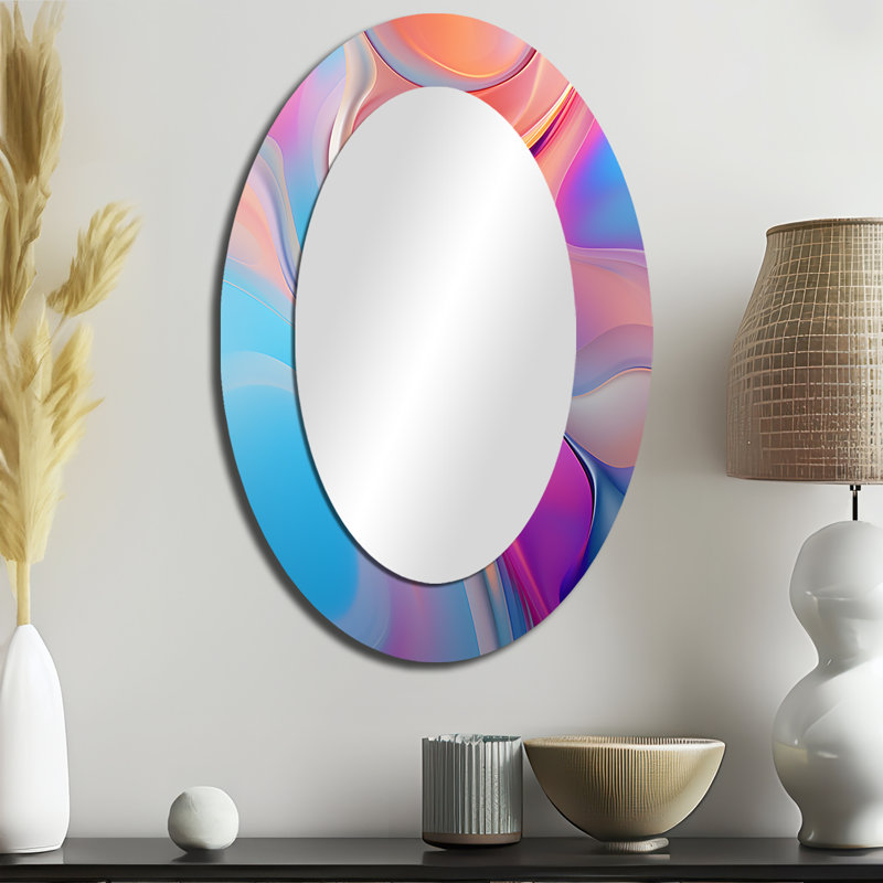Transitionnel rose et bleu formes VI - Miroir décoratif abstrait ovale sur métal, 36 po x 24 po