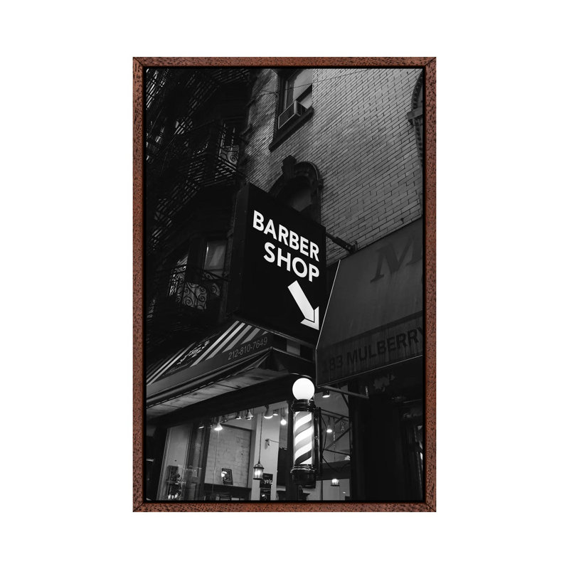 Manhattan Barber Shop by Bethany Young - Print on Canvas, 66.04cm H x 45.72cm W x 3.81cm D, Classic Brown Wood Framed