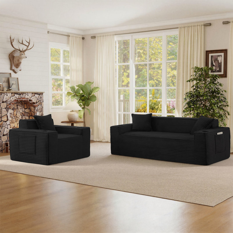 Ensemble de salon moderne 2 pièces avec fauteuil et canapé, Noir