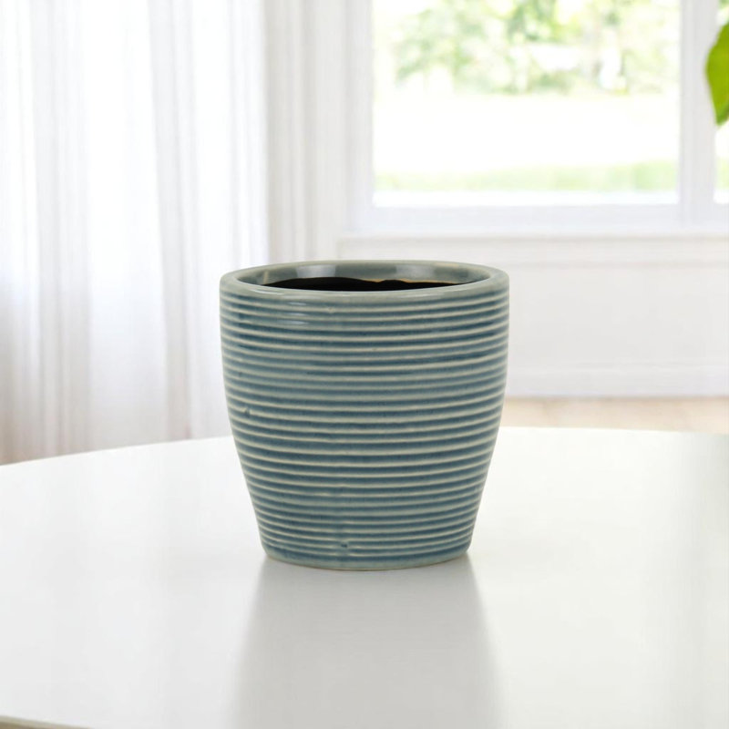 Pot à fleurs rond rayé bleu en céramique 22 onces