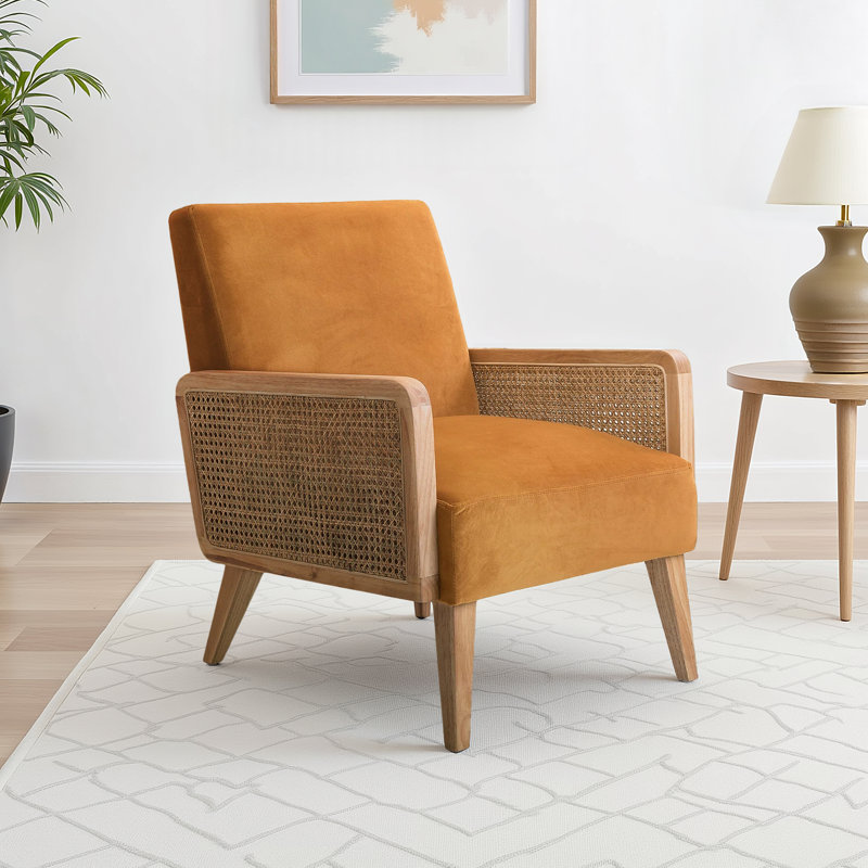 Chaise d'appoint rembourrée avec accoudoirs en rotin Mayenne, Velours havane