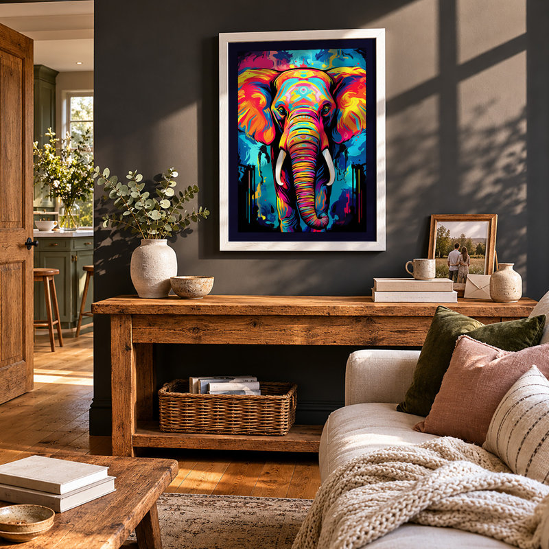 Neon Elephant Street Art 1 Piece Single Picture Frame Wall Art, A3 - 42.0 x 29.7 cm, White
