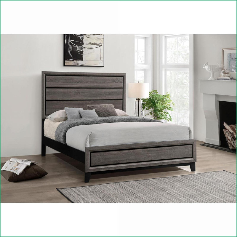 Grand lit à panneau en chêne gris avec finition patinée - Structure en bois franc robuste pour la chambre principale ou la chambre d'amis