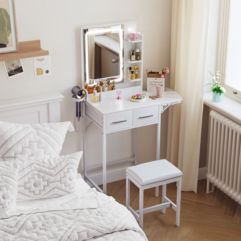 Small Makeup Vanity Set with LED Mirror & Stool, White