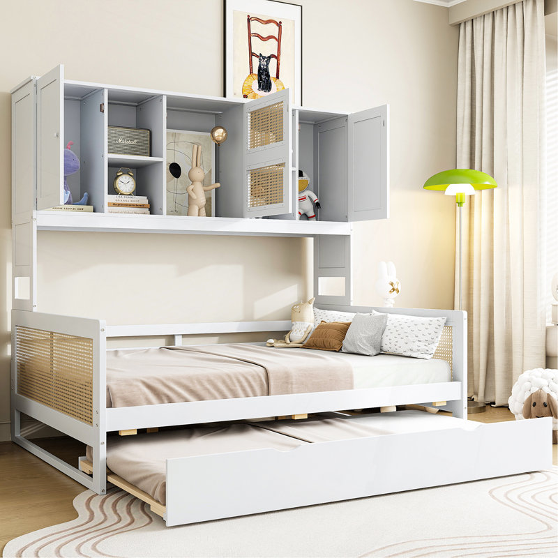 Lit de jour polyvalent en bois avec lit gigogne simple et tablette intégrée, Lit double, Blanc