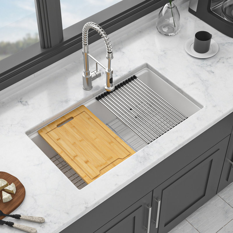Évier de cuisine en quartz 32 po x 19 po blanc, station de travail hygiénique encastrée 32 po x 19 po blanc, matériau robuste