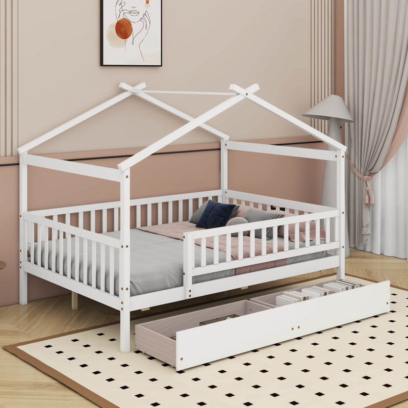 Lit double en bois avec tiroirs, Blanc