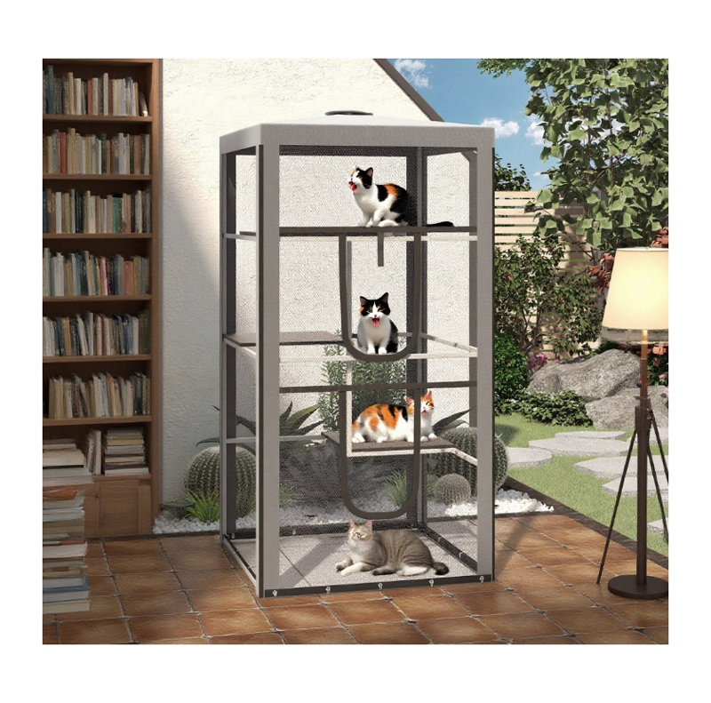 Grand enclos extérieur pour chat avec cadre en acier et panneaux grillagés, gris