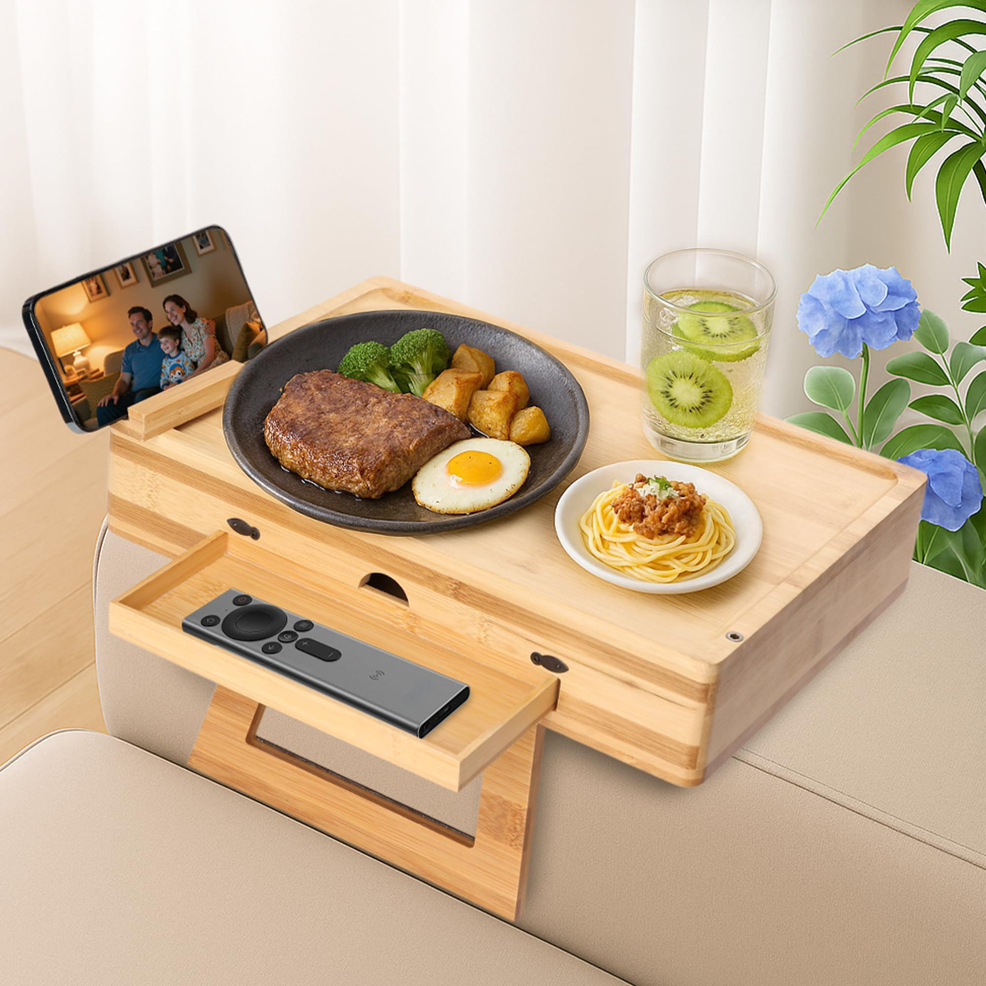 Millwood Pines Couch Armrest Table, Built In Drawer, Couch Arm Tray ...