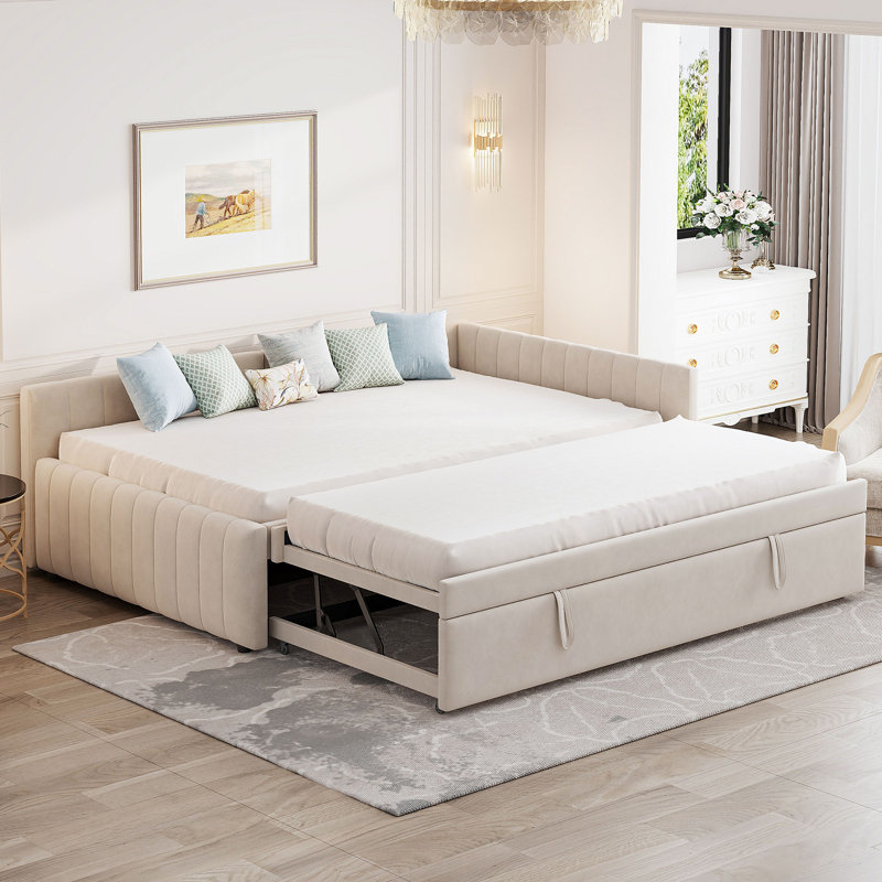 Lit de jour double rembourré en L avec lit gigogne escamotable, beige