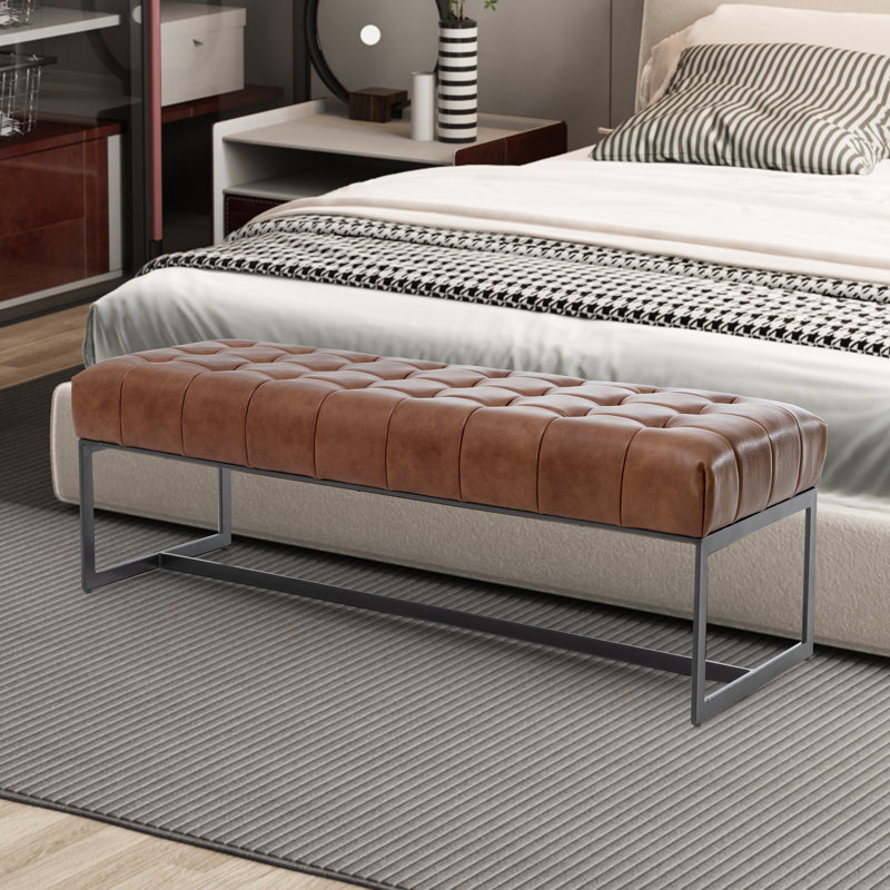 Genuine Leather Upholstered Bench, Brown