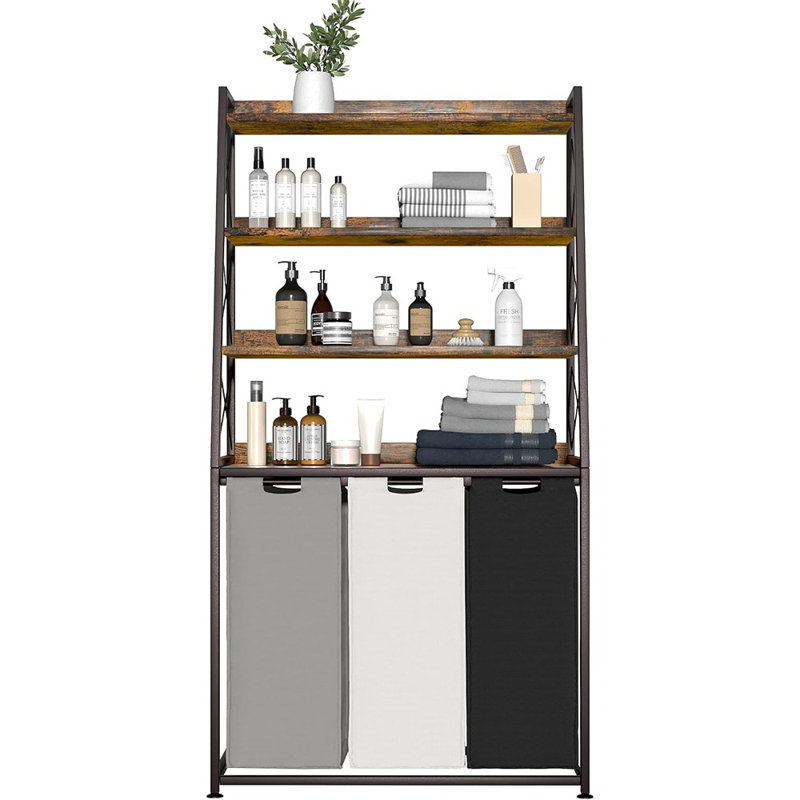 3 Section Laundry Basket With 4 Tier Storage Shelf, Pull Out Removable Laundry Hamper Bags, Large Capacity Laundry Sorter For Laundry Room, Bathroom And Bedroom Organization, Rustic Brown