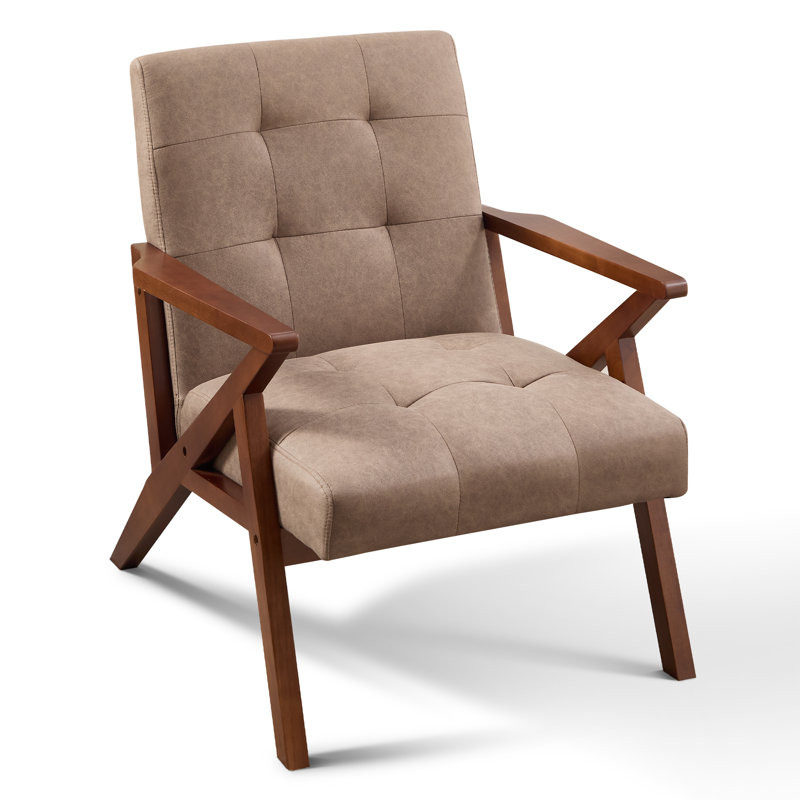 68cm Wide Mid-Century Comfortable Upholstered Accent Chair With Wooden Armrests & Tufted Seat