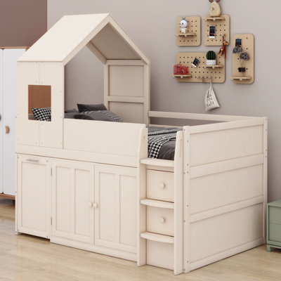 Sturdy Wooden Loft Bed with Desk, Ample Drawers and Cabinets